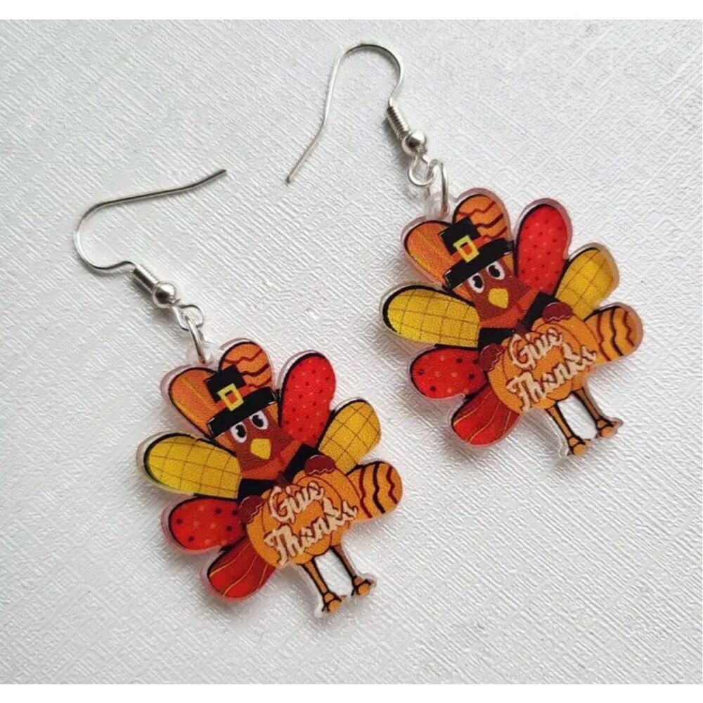NWT Thanksgiving Festive Turkey “Give Thanks” Dangle Drop Earrings